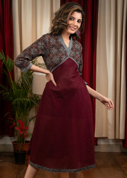 Wine cotton dress with grey Ajrakh yoke & sleeves