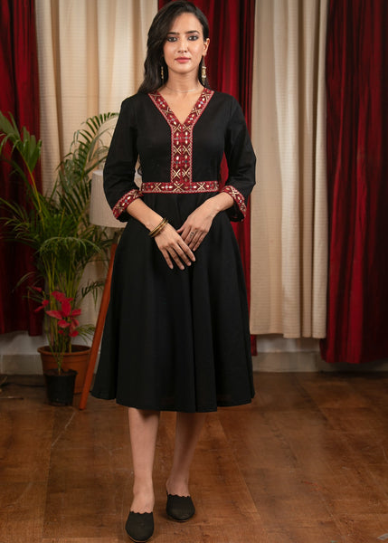 Black elegant cotton dress with hand embroidery & side tie ups