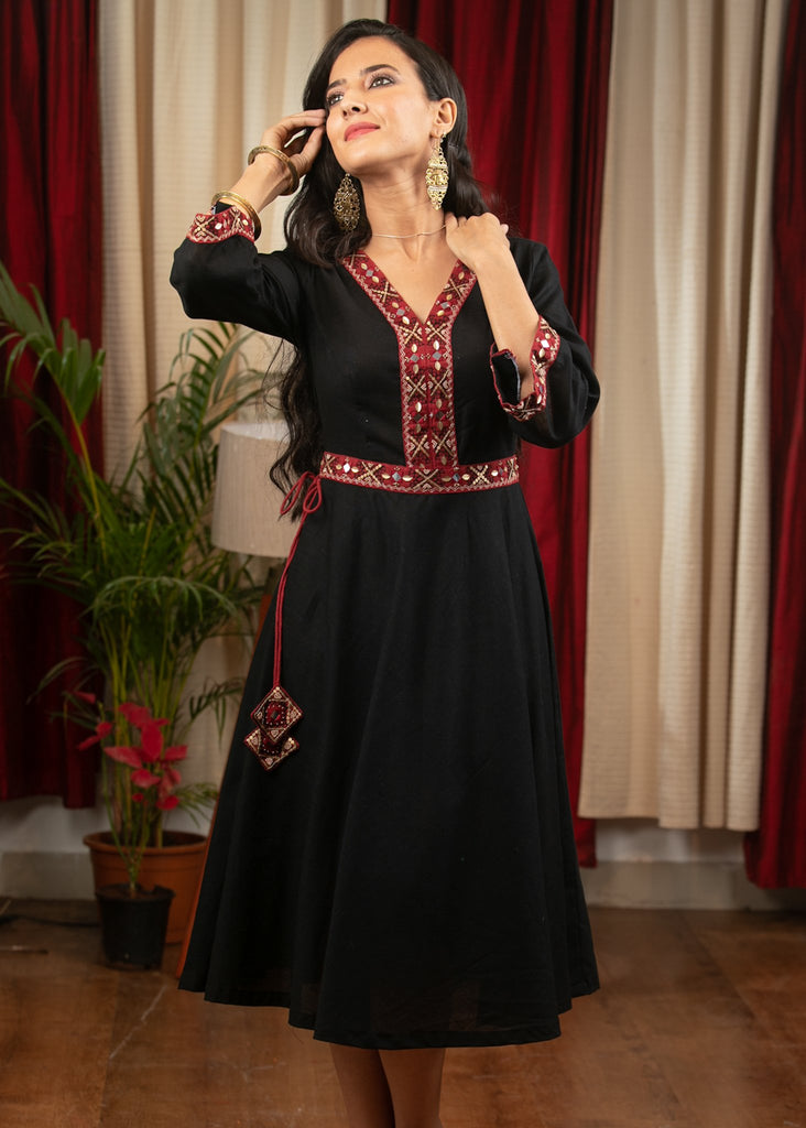 Black elegant cotton dress with hand embroidery & side tie ups