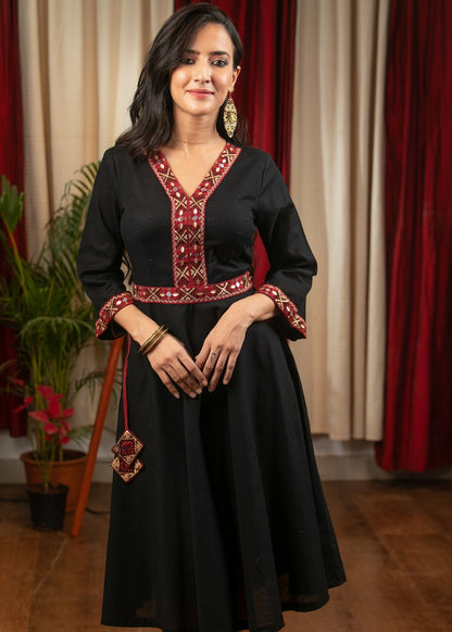 Black elegant cotton dress with hand embroidery & side tie ups