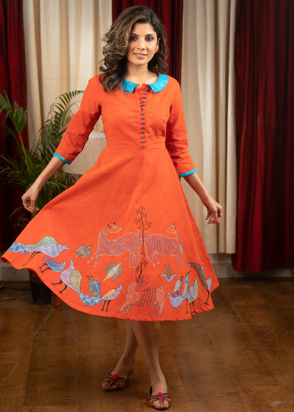 Orange cotton dress with exclusive Gond tribal painting on hem