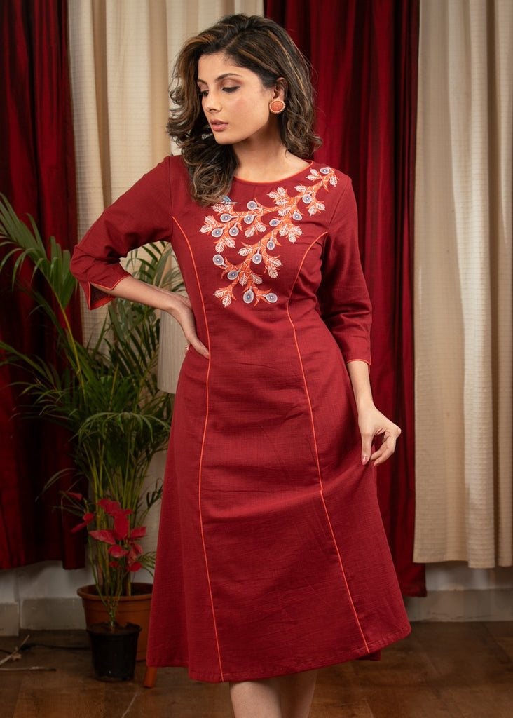Maroon cotton dress with Gond painting