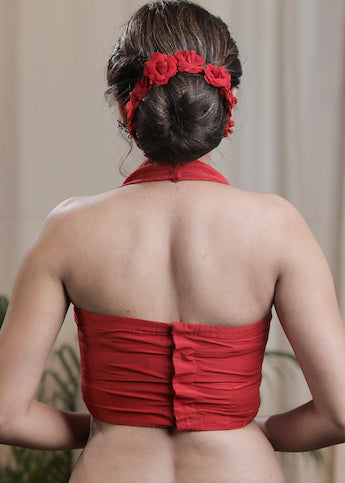 Stylish Red Halter Neck Cotton Silk Back Open  Padded Blouse