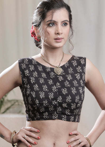 Elegant Black Ajrakh Cotton  Sleeveless Blouse