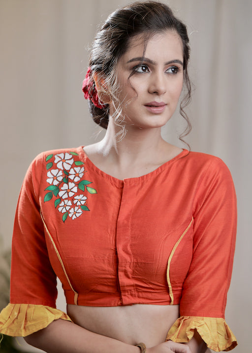 Orange Cotton Silk Blouse with  Exclusive Hand-painting and Elbow length Sleeves