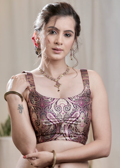 Smart and Trendy Black based Pure Banarasi Blouse .Lining Given