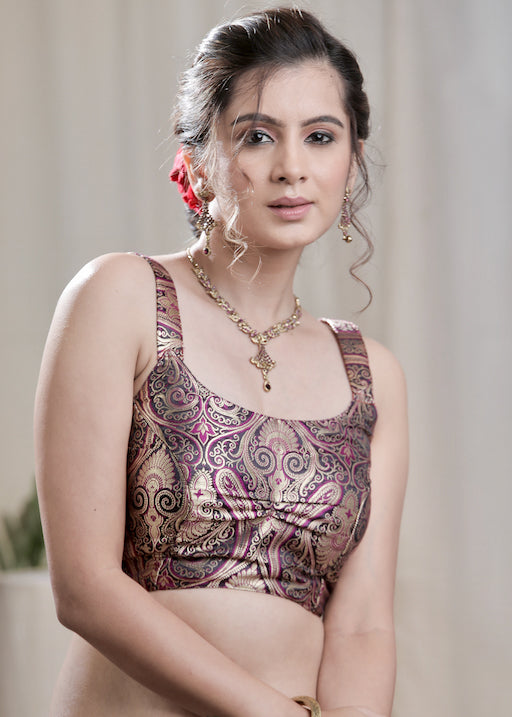 Smart and Trendy Black based Pure Banarasi Blouse .Lining Given