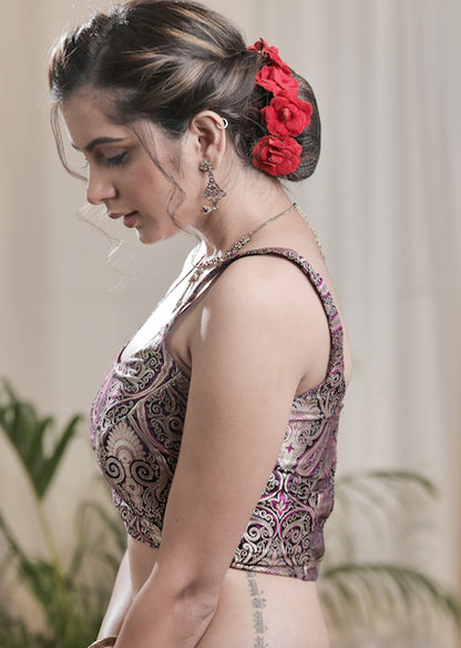 Smart and Trendy Black based Pure Banarasi Blouse .Lining Given