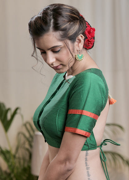 Green Cotton Silk Padded Blouse with open Back and Tassles