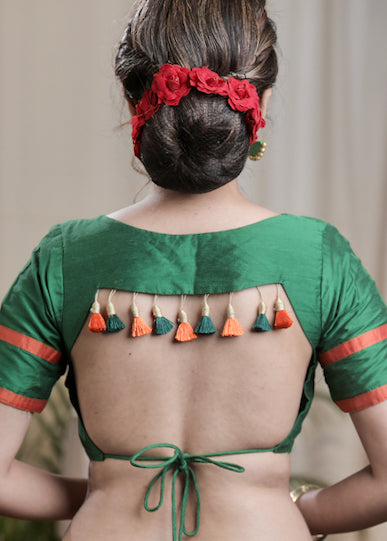 Green Cotton Silk Padded Blouse with open Back and Tassles