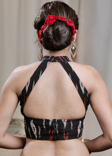 Trendy Black Cotton Ikat Halter Neck Padded Blouse