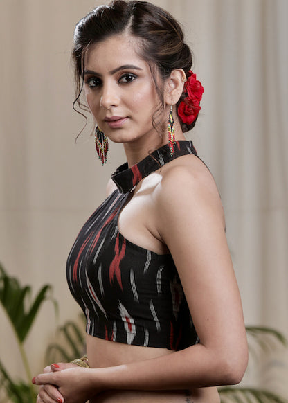 Trendy Black Cotton Ikat Halter Neck Padded Blouse