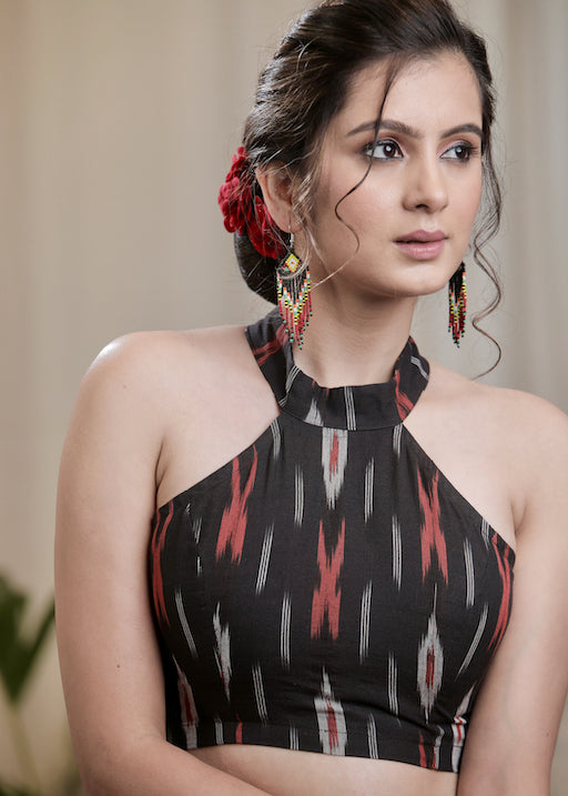 Trendy Black Cotton Ikat Halter Neck Padded Blouse