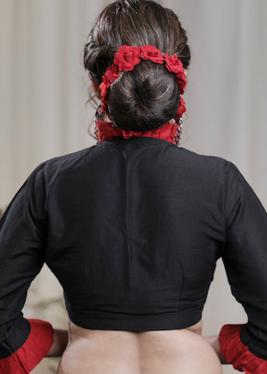 Black Cotton Silk Elegantly styled Blouse with Red Details