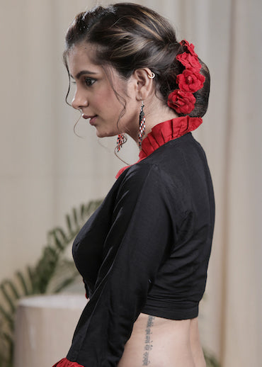 Black Cotton Silk Elegantly styled Blouse with Red Details