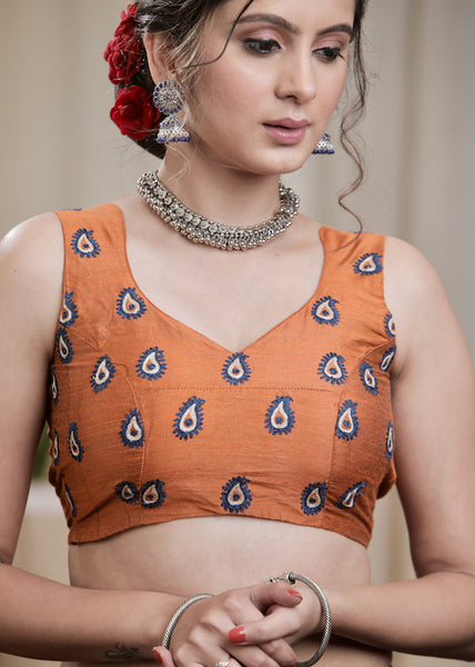 Rust Cotton Silk Padded  Blouse with exclusive Embroidery all Over and open Back