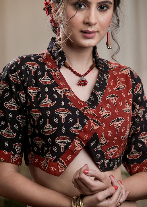 Stylish  Red and Black  Cotton Ajrakh Combination Blouse