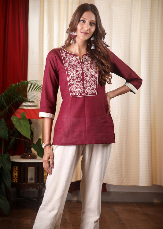 Elegant Embroidered Wine Cotton Top