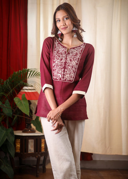Elegant Embroidered Wine Cotton Top