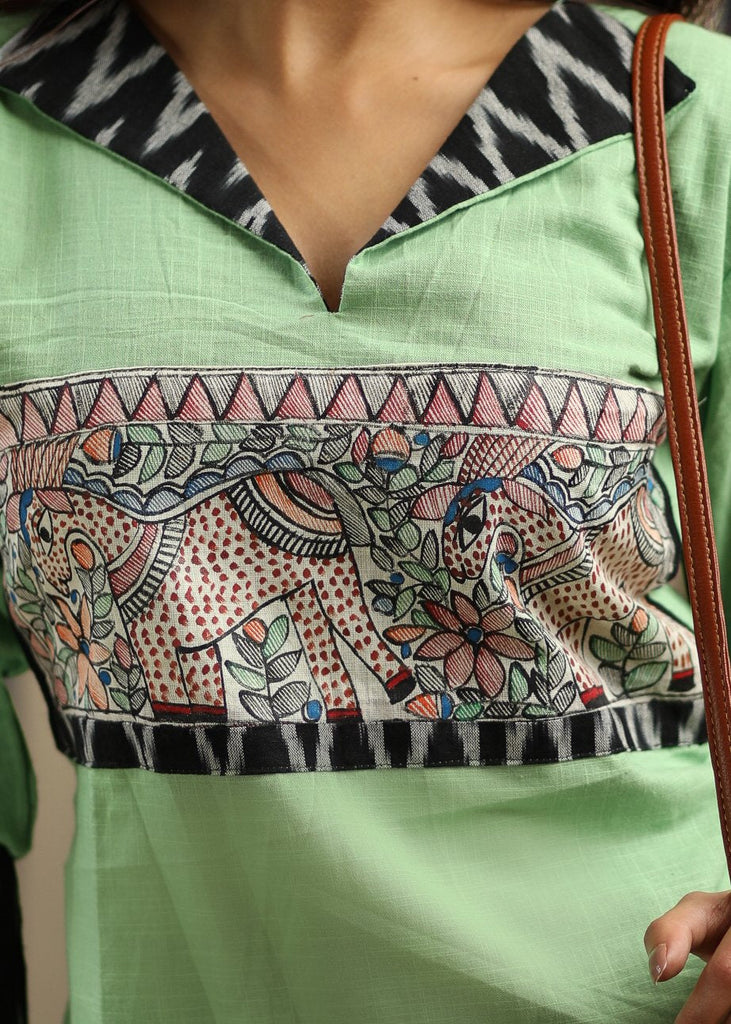 Pista handloom cotton top with hand painted Madhubani painting