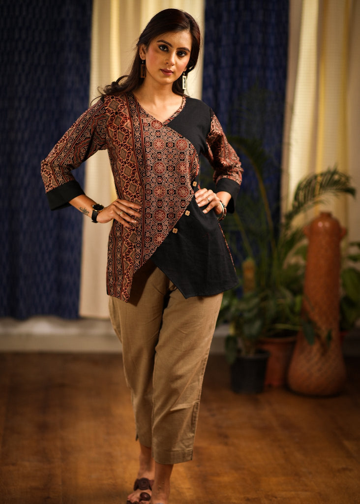 Exclusive Ajrakh designer top with black handloom cotton combination