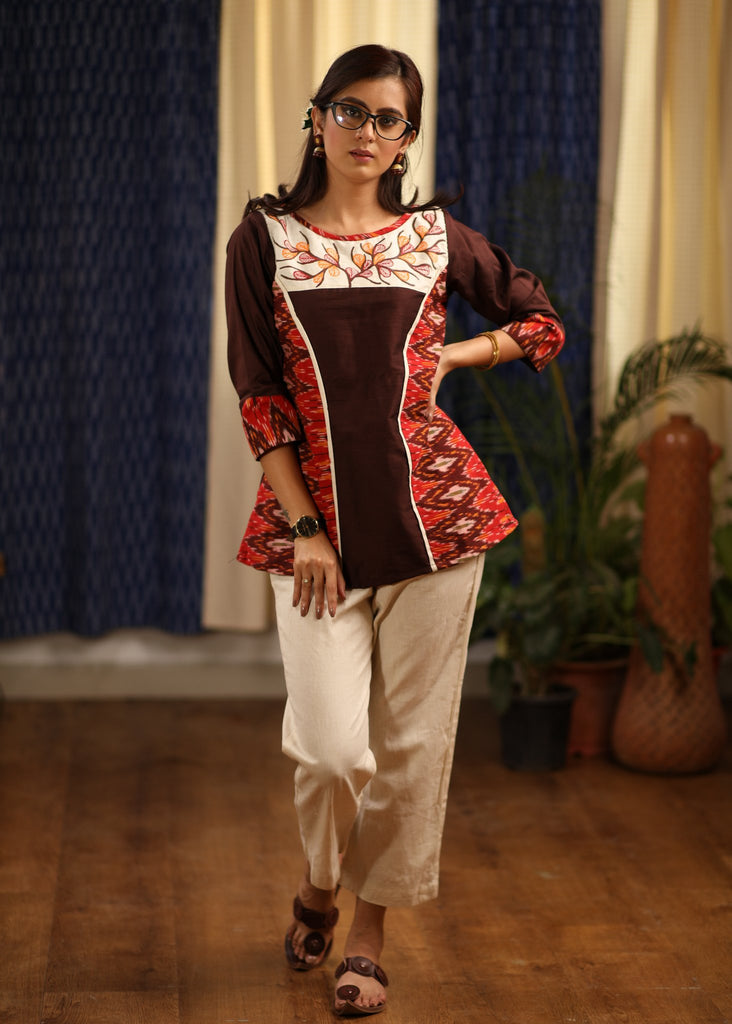 Exclusive Ikat & hand painted gond tribal art combination top