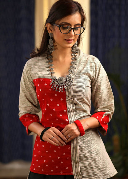 Red Bandhej & zig zag printed cotton combination top