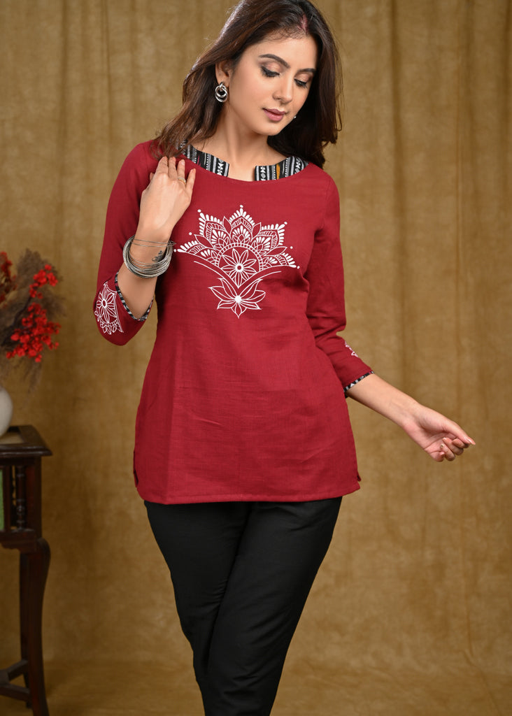 Beautiful Maroon Cotton Top with White Gond Painting Motif
