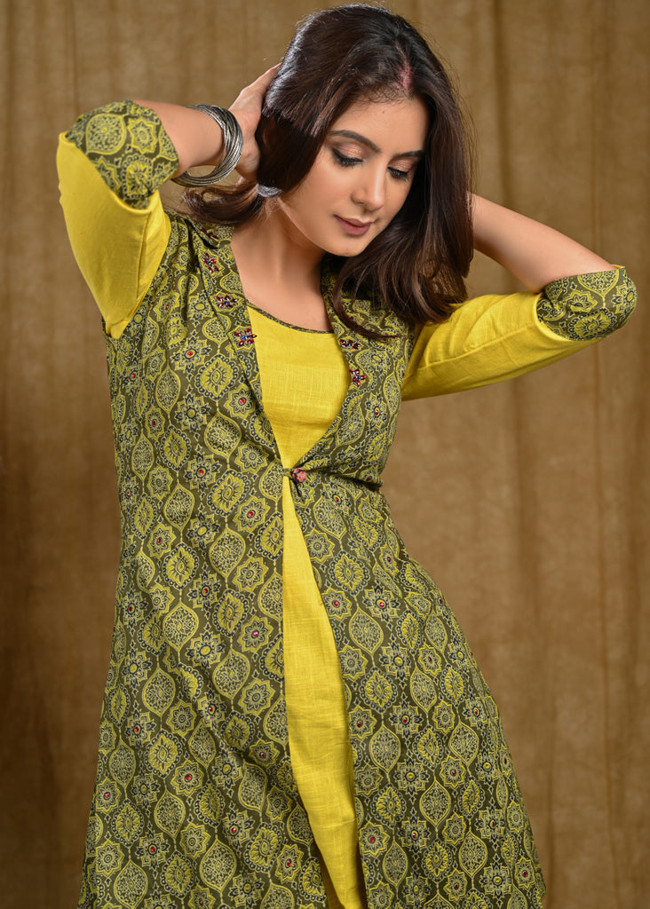 Exclusive Mustard Cotton Inner with Printed Ajrakh Sleeveless Jacket And Stone Work Allover