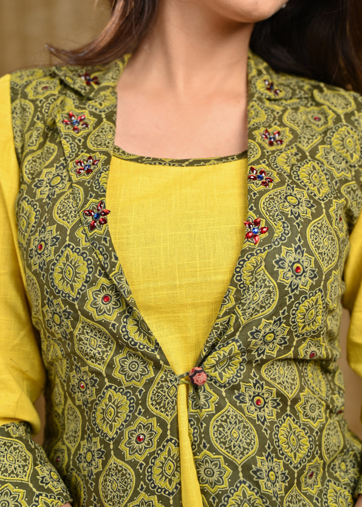 Exclusive Mustard Cotton Inner with Printed Ajrakh Sleeveless Jacket And Stone Work Allover