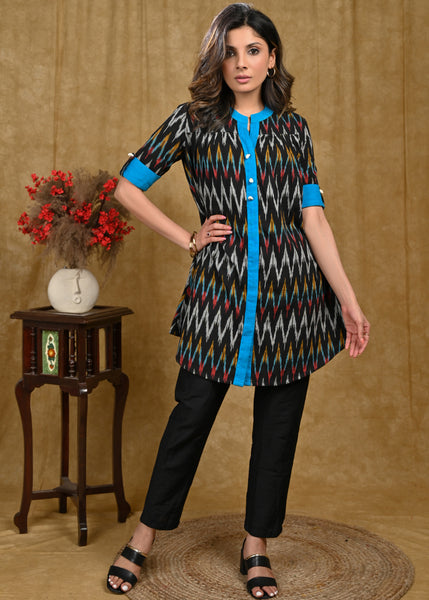 Black Multicolor Ikat with Blue Cotton Detailing & shell Buttons