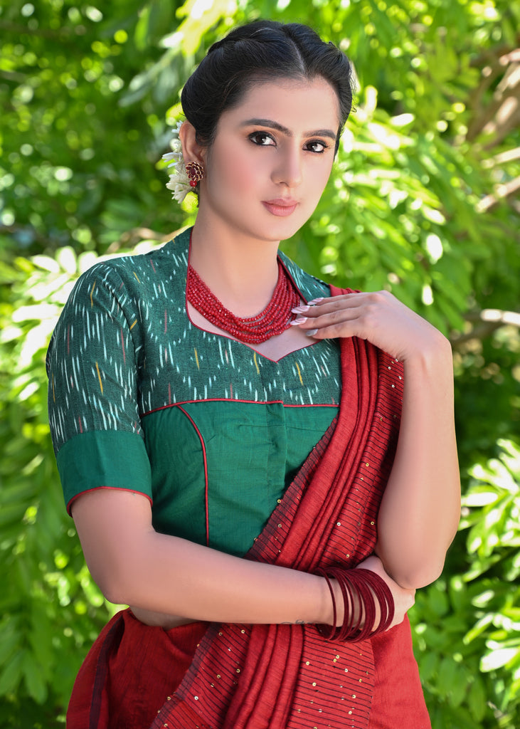Exclusive Green Cotton with Ikat Combination High Neck Blouse