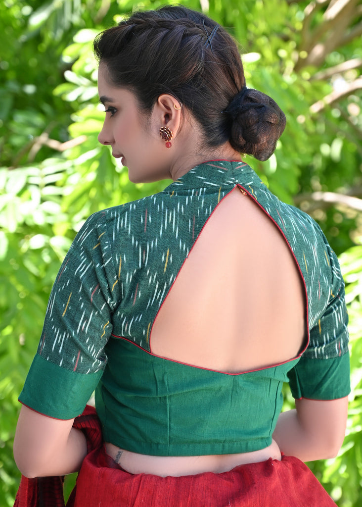 Exclusive Green Cotton with Ikat Combination High Neck Blouse – Sujatra