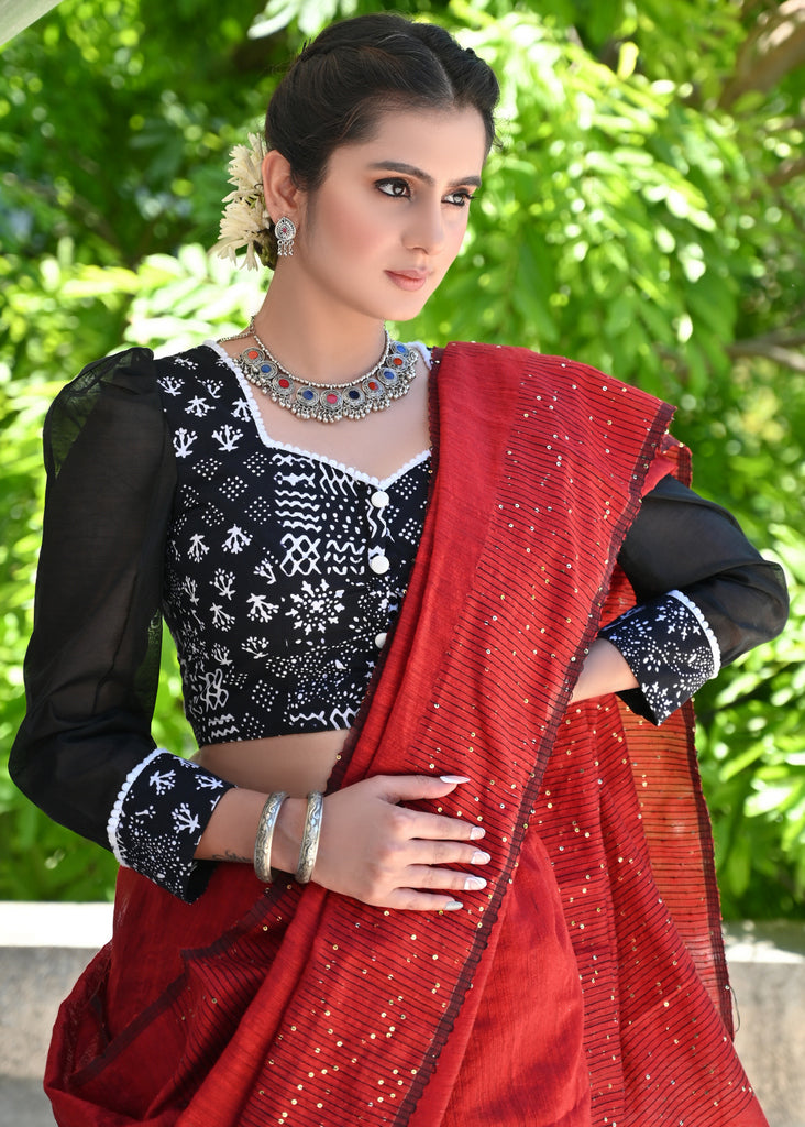 Classy Black Printed Blouse with Chanderi Puff Sleeves and White Pompom Lace Detailing