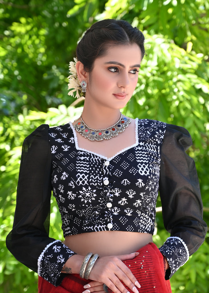 Classy Black Printed Blouse with Chanderi Puff Sleeves and White Pompom Lace Detailing
