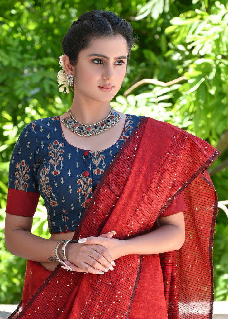 Dussehra Sale — Blue Printed Blouse with Maroon Cotton Detailing and Buttons