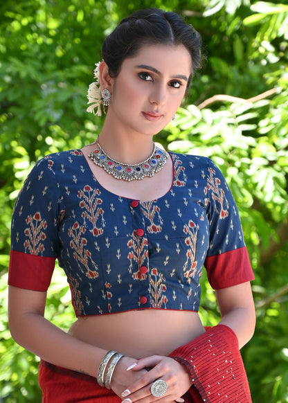 Blue Printed Blouse with Maroon Cotton Detailing and Buttons
