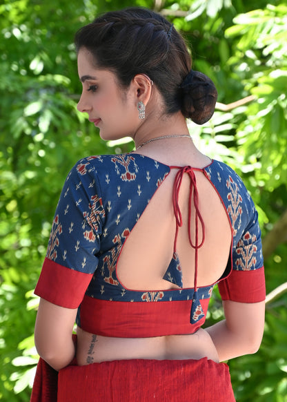Blue Printed Blouse with Maroon Cotton Detailing and Buttons