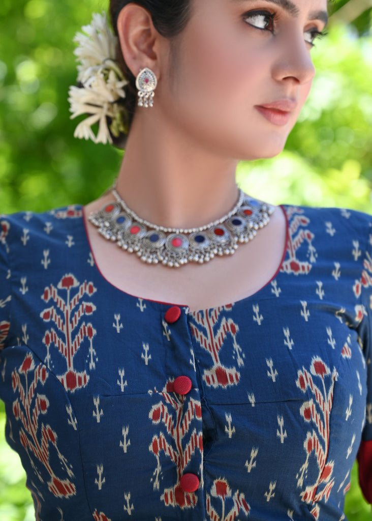 Blue Printed Blouse with Maroon Cotton Detailing and Buttons