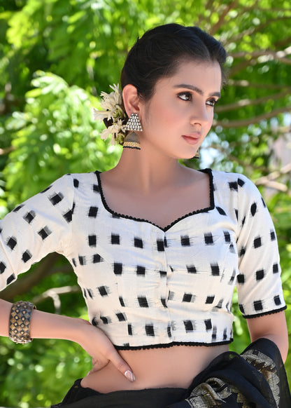 Smart Cream Ikat Blouse with Black Pompom Lace Detailing