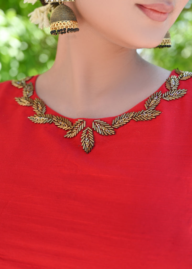 Red Cotton Silk Blouse with Delicate Hand Embroidery and Fisheye Back