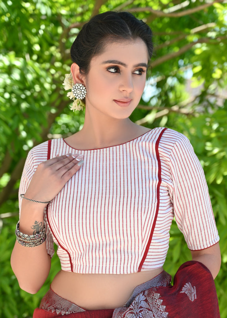 Smart Red and White Cotton Striped Blouse with Red Detailing
