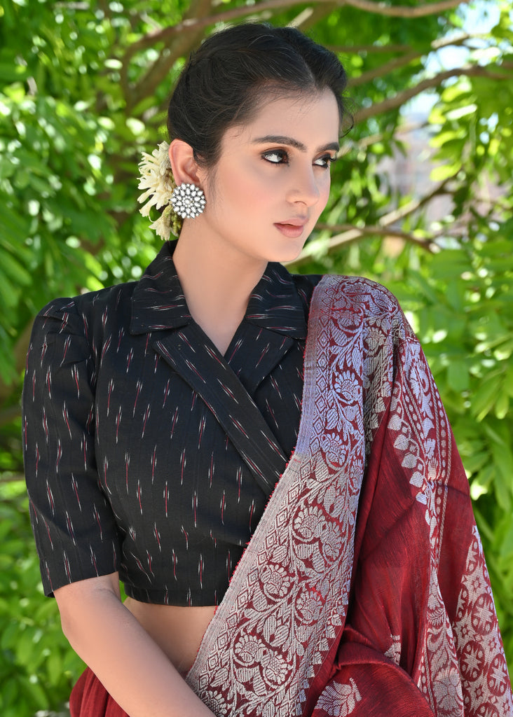 Classy Black Ikat Overlap Collared Blouse with Side Tie-Up