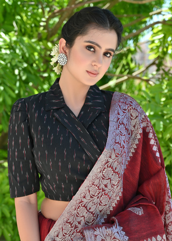 Classy Black Ikat Overlap Collared Blouse with Side Tie-Up