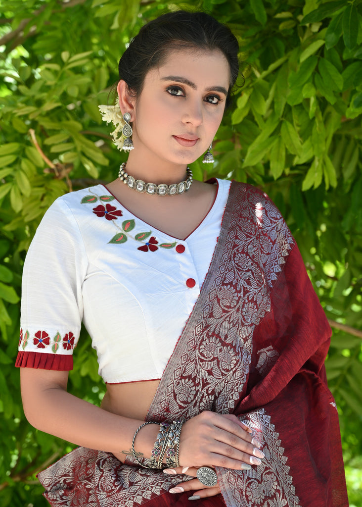 Beautiful White Blouse with Delicate Machine Embroidery and Maroon Combination on Hem and Sleeves