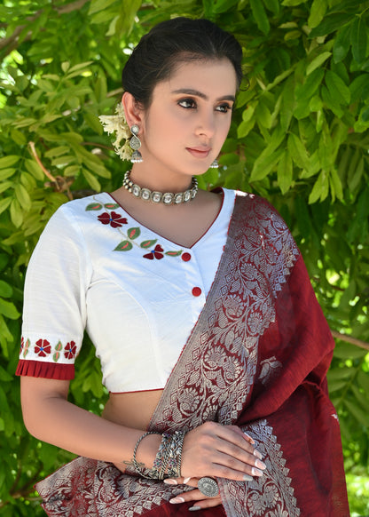 Beautiful White Blouse with Delicate Machine Embroidery and Maroon Combination on Hem and Sleeves