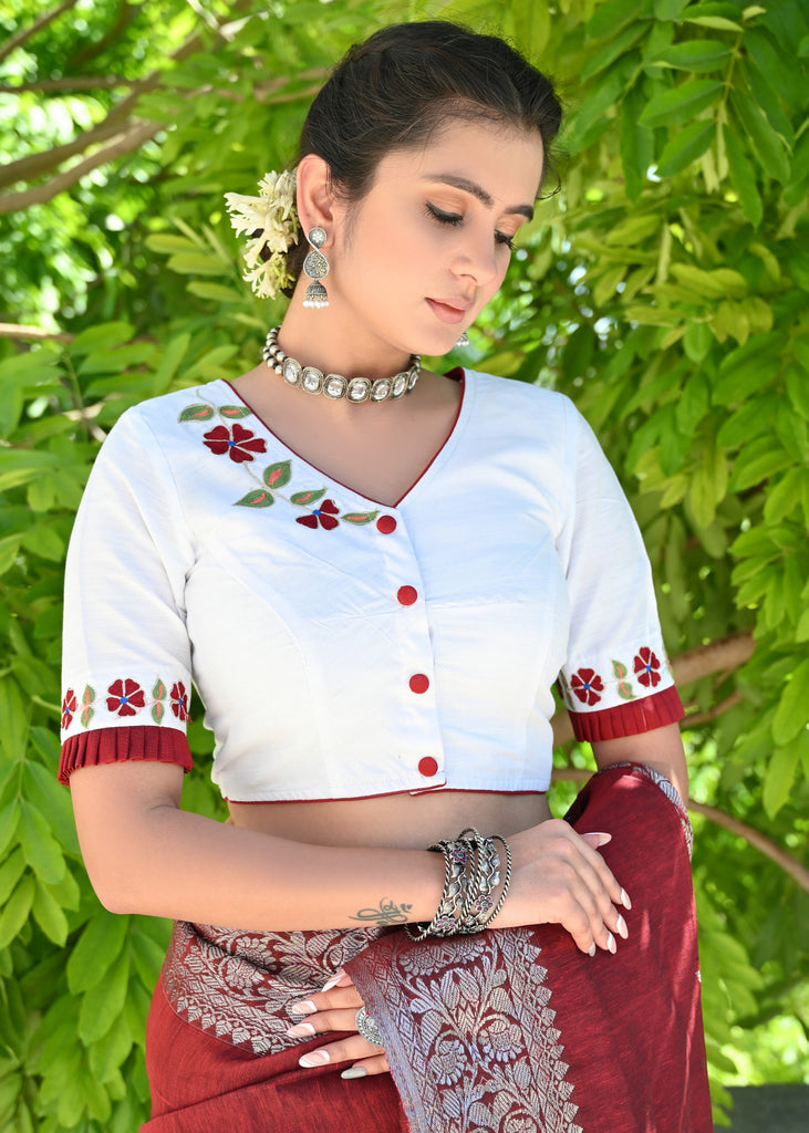 Beautiful White Blouse with Delicate Machine Embroidery and Maroon Combination on Hem and Sleeves