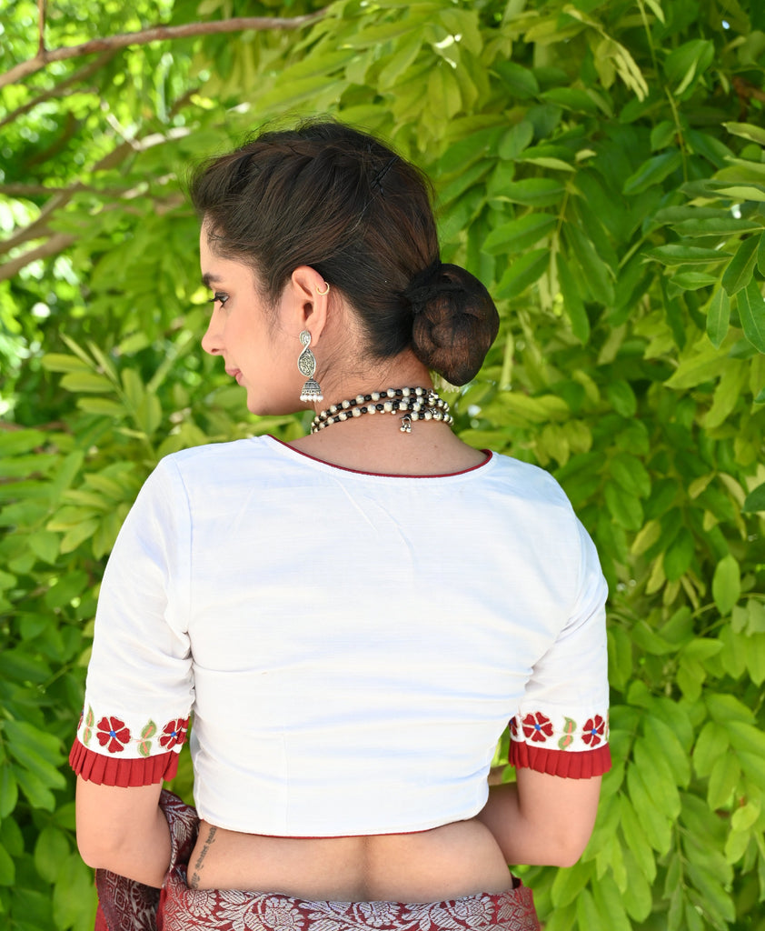 Beautiful White Blouse with Delicate Machine Embroidery and Maroon Combination on Hem and Sleeves