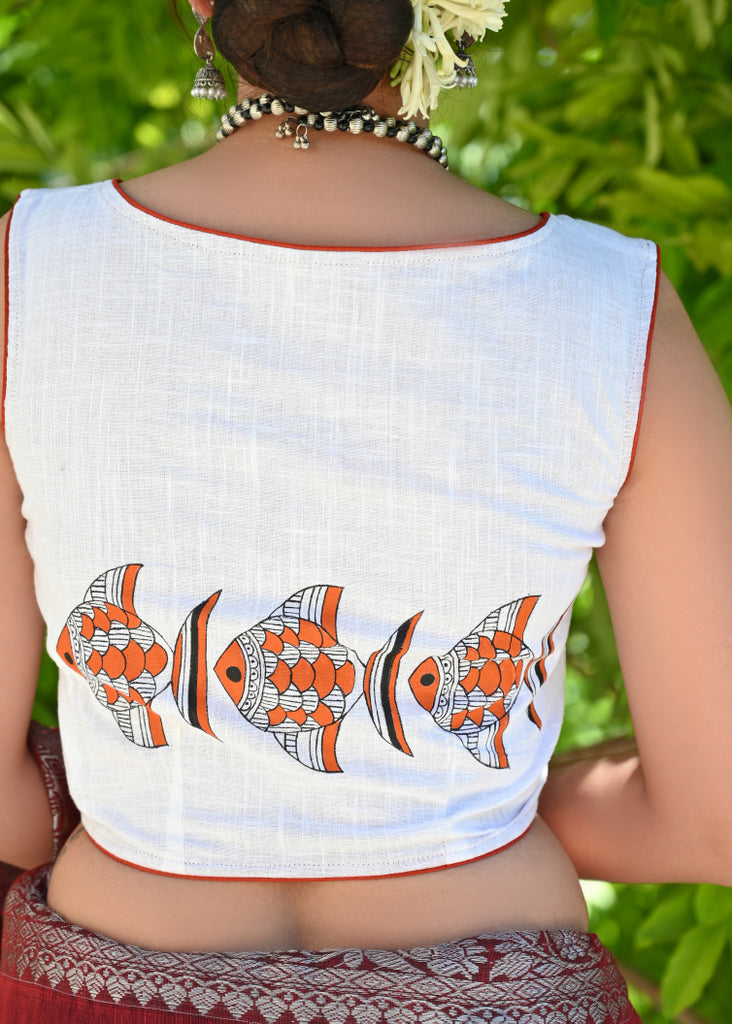 Standout White Sleeveless Blouse with Beautiful Fish Painting on the Back