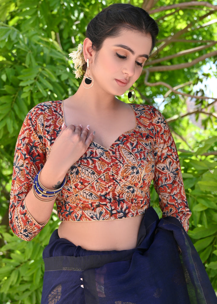 Vintage Kalamkari Blouse with Golden Piping and Colorful Tassels